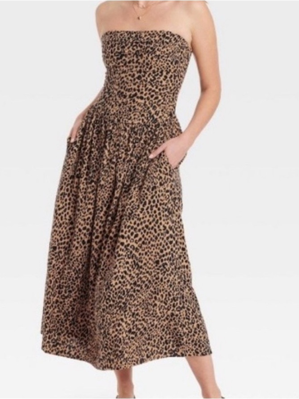 NWT Universal Thread Strapless Leopard-Print Midi Dress in Tan and Black